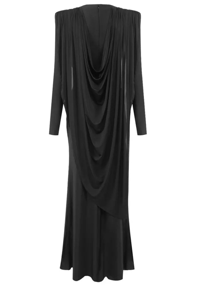 Long Sleeve Draped Design Maxi Dress Black