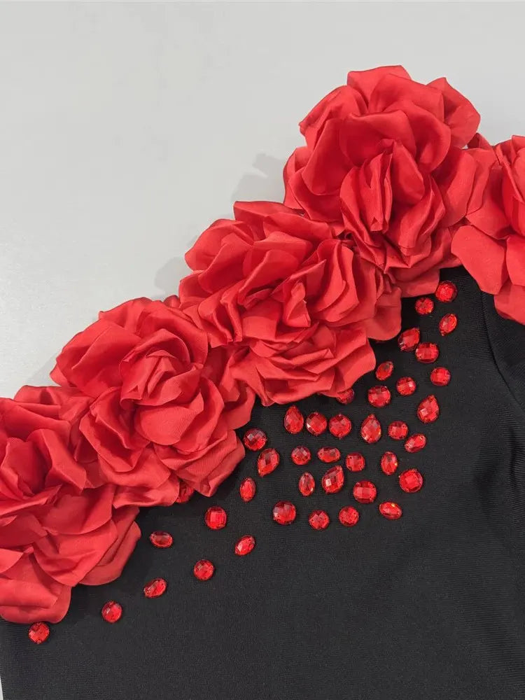 One Sleeve Floral Crystal Maxi Dress Black Red