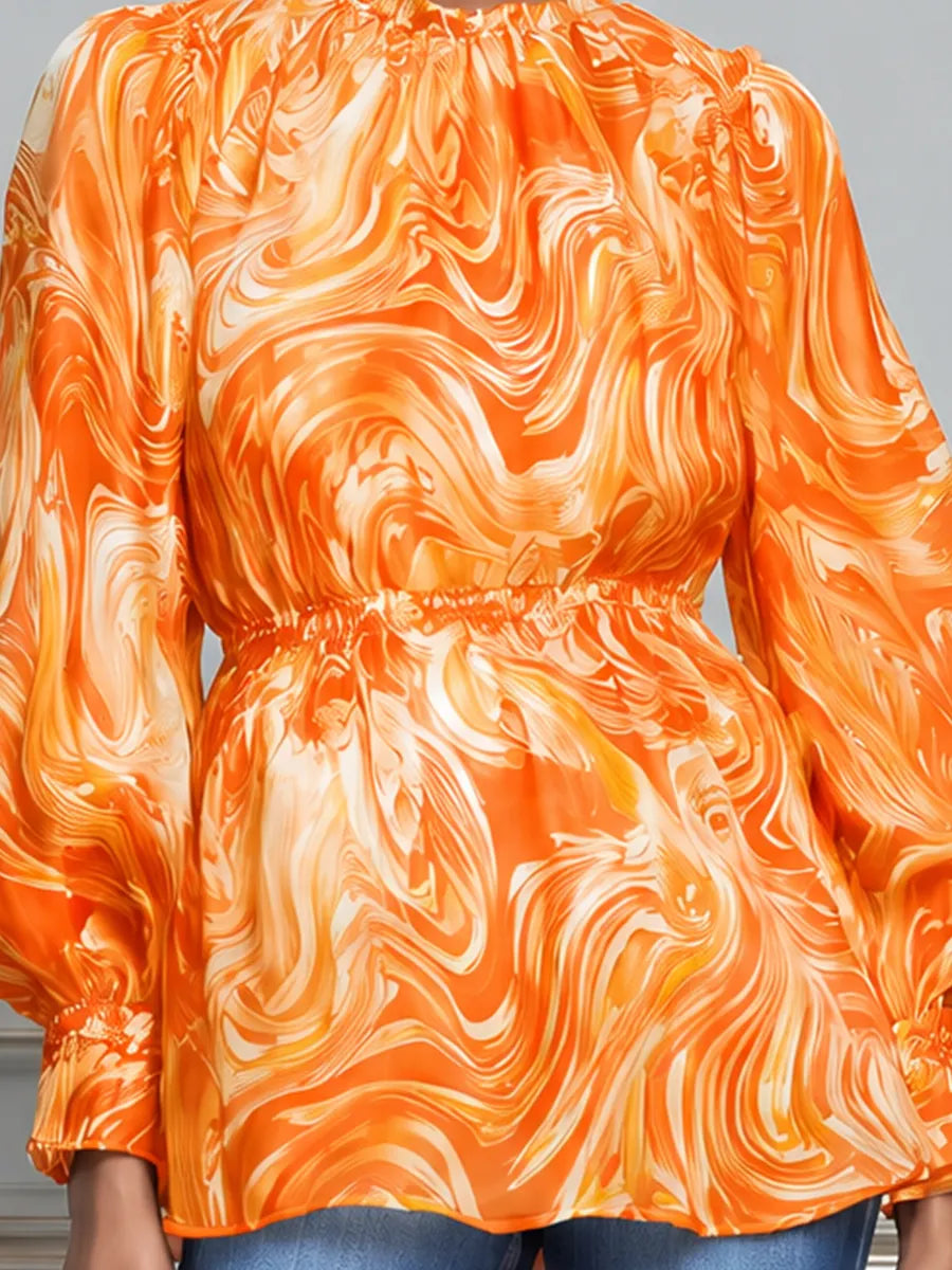 Orange Marble Print Chiffon Bishop Sleeve Blouse