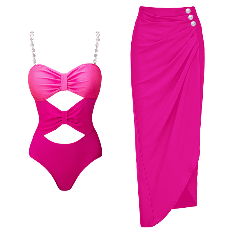 Artificial Pearl Sling Cut Out One Piece Swimsuit and Skirt