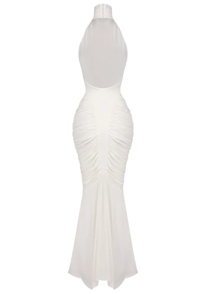 Halter Draped Backless Maxi Dress White