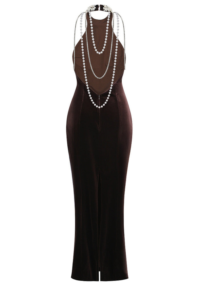 Halter Pearl Embellished Maxi Velvet Dress Dark Brown