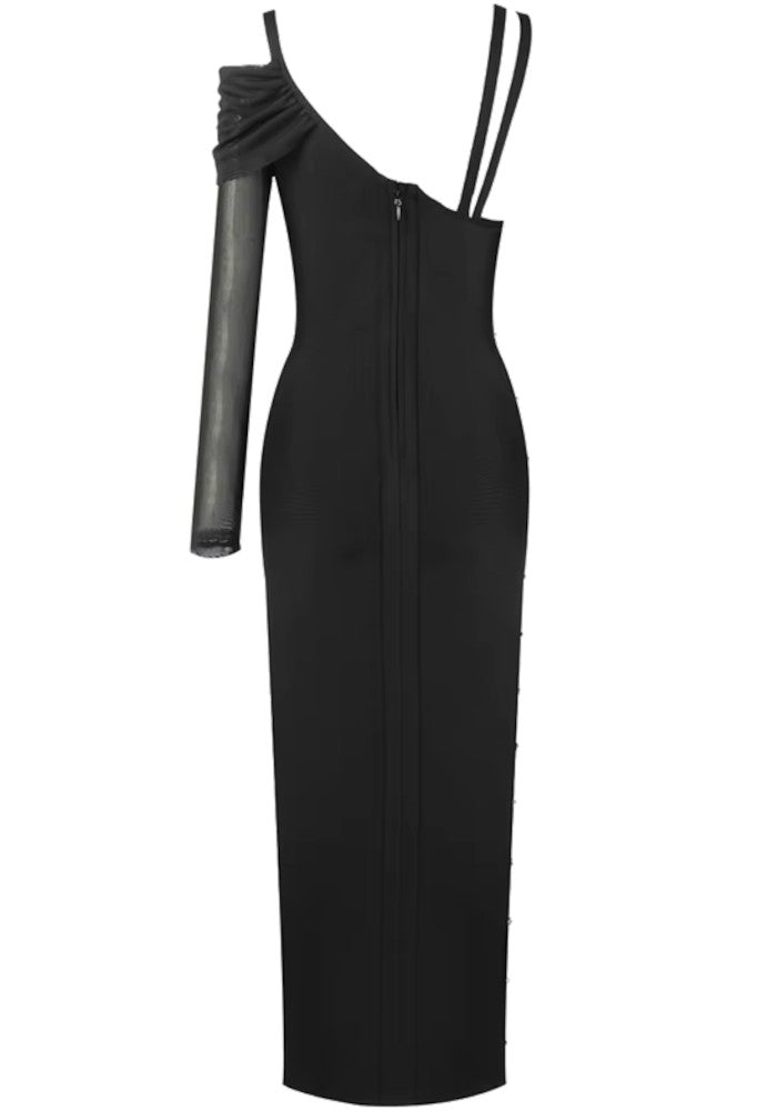 One Sleeve Safety Pin Detail Maxi Dress Black