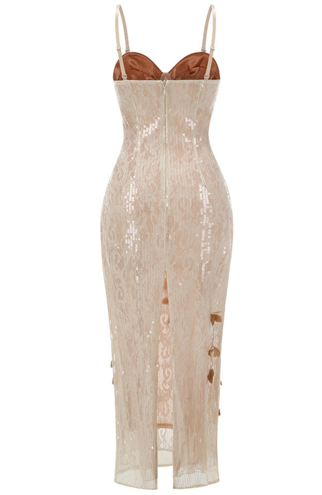 Leaf Detail Bustier Sequin Lace Maxi Dress Brown Nude