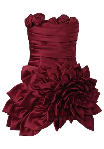 Strapless Floral Draped Dress Burgundy