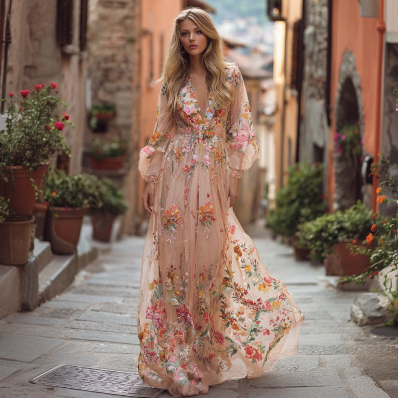Women's Floral Art Print Linen V-neck Long Sleeve Dress