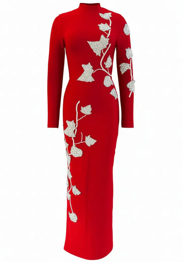 Long Sleeve Floral Crystal Maxi Dress Red