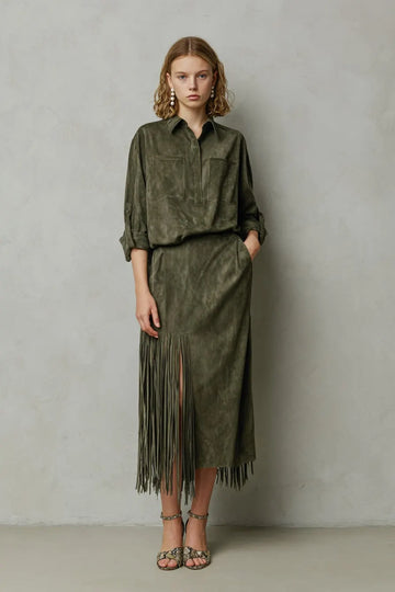 Women's Olive Green Suede Button-Up Shirt & Fringe Midi Skirt Co-ord Set