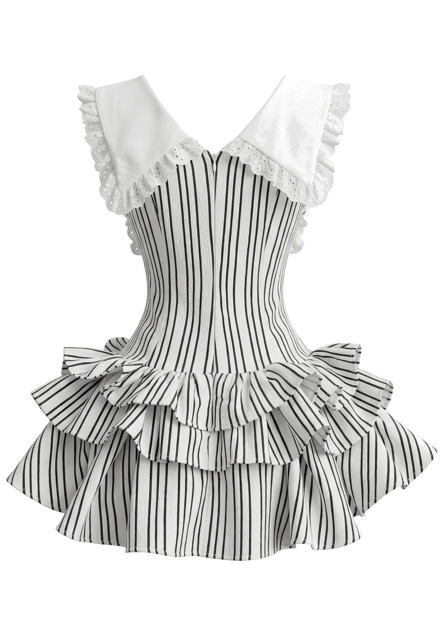 Bow Detail Striped Ruffle Dress Black White