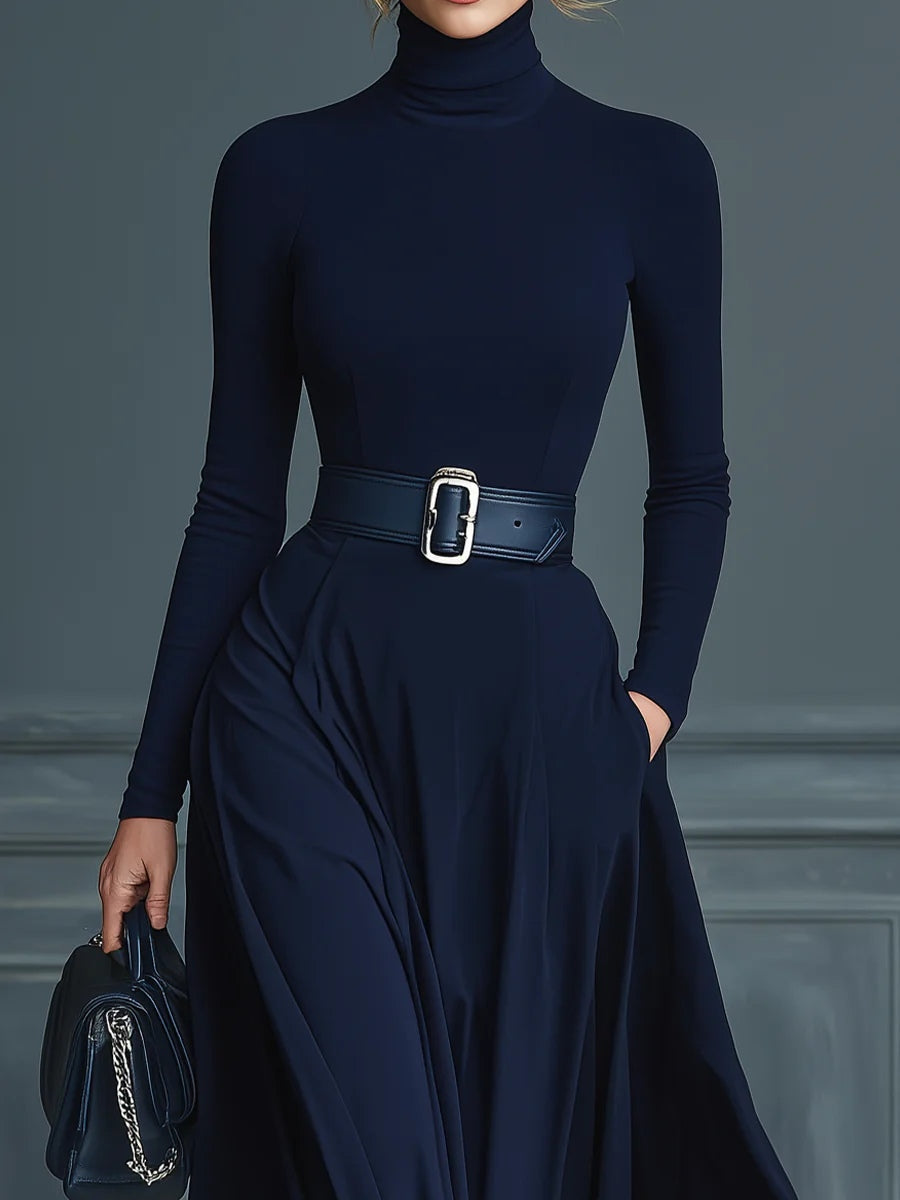 Dark Blue Knitted High-neck Dress(No belt)