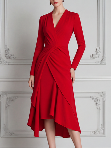 Red Dress Fall Wedding Guest Dress Draped Wrap High Low Midi Dress