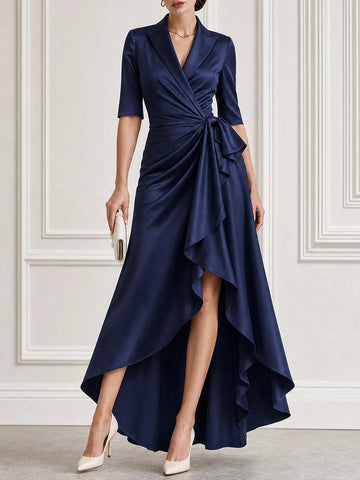 Satin Lapel-Collar Wrap High-Low Maxi Gown