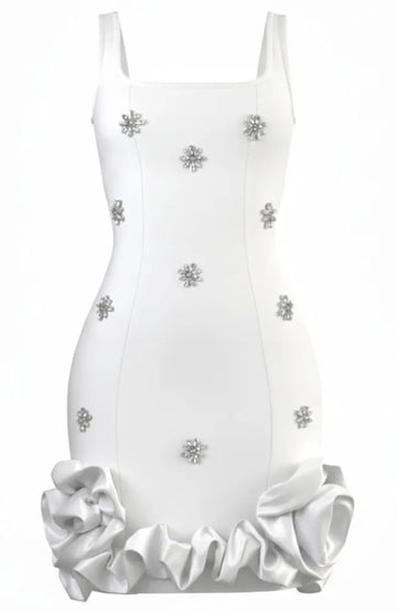 Crystal Embellished Floral Bubble Detail Dress White