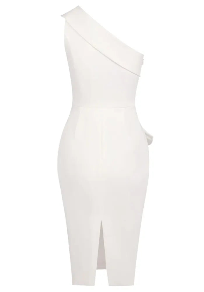 One Shoulder Draped Midi Dress White