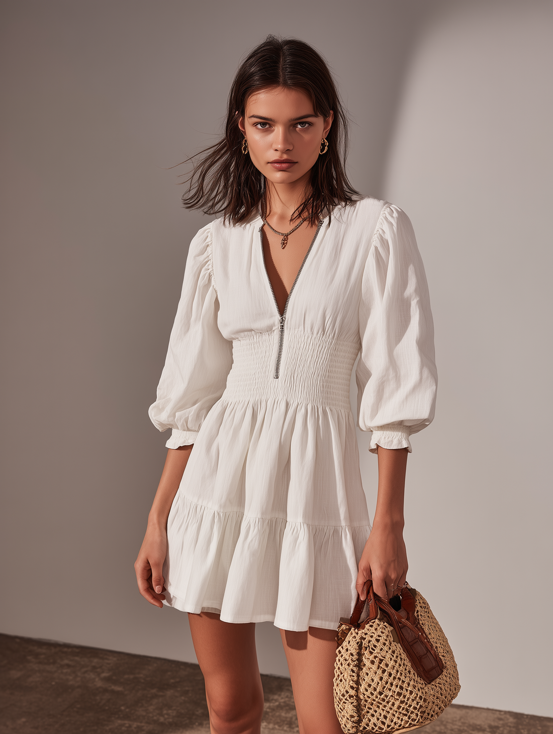 Women's Casual White Cotton-Linen Short Dress With Round Neck, Mid-Length Sleeves, And Zipper Detail MDZ3123C5LXY
