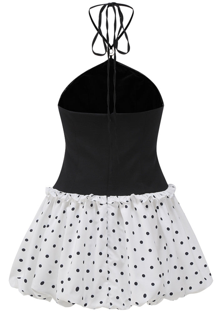 Halter Pearl Polka Dots Puff Dress Black White