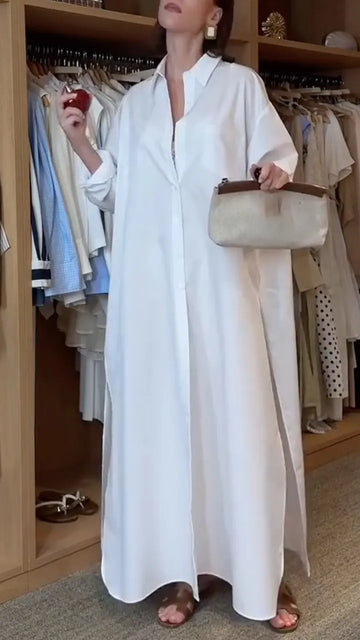 White Oversized Button Front Shirt Maxi Dress