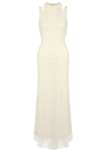 Halter Pearl Backless Maxi Dress Light Yellow