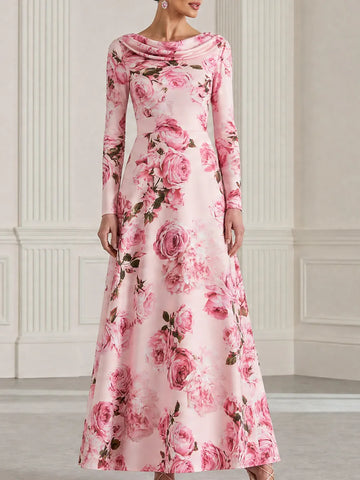 Rose Floral Print Cowl Neck Satin Maxi Evening Dress
