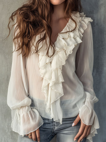 Romantic Ivory Ruffle Front Chiffon Blouse
