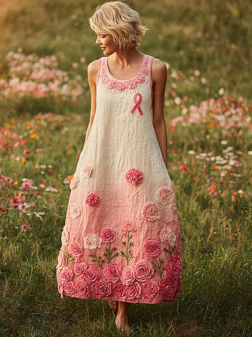 Cozy Pink Floral Embroidered Gradient Linen Tank Maxi Dress