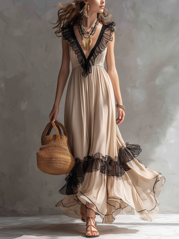 Elegant Beige And Black Color Blocked Ruffled Maxi Dress