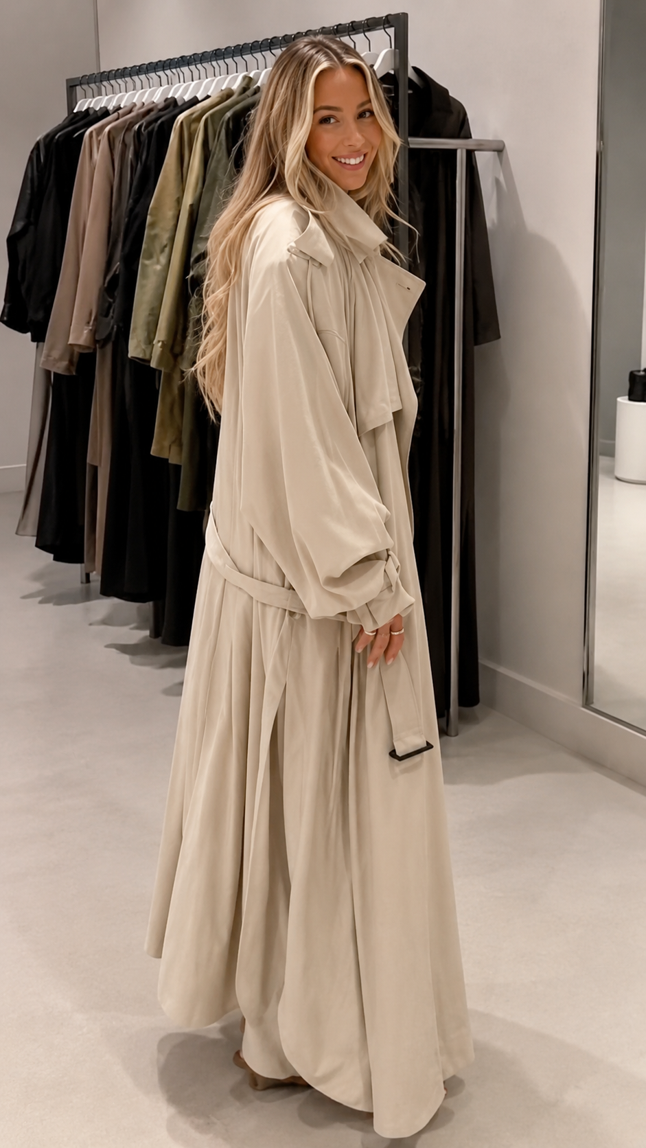Oversized Soft Fabric Belted Maxi Trench Coat