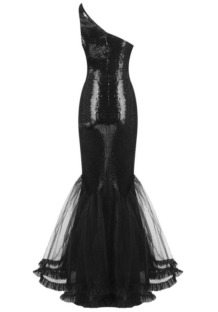 One Shoulder Floral Sequin Mermaid Maxi Dress Black