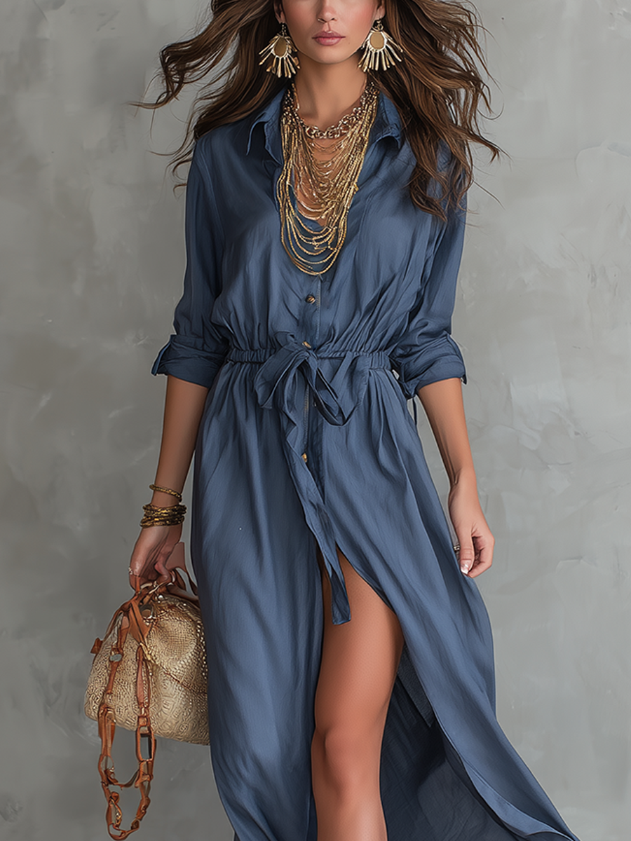 Bohemian Blue Tie Waist Shirt Maxi Dress