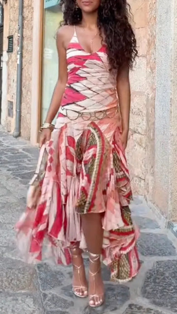 Boho Tribal Print High Low Fringe Maxi Dress