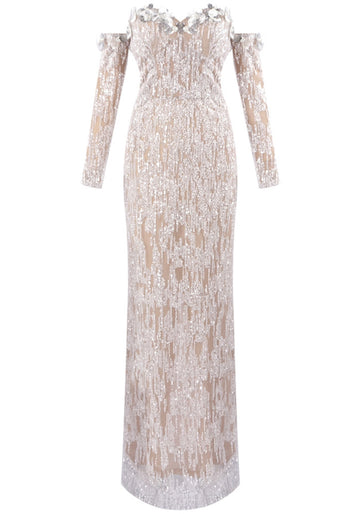 Long Sleeve Bardot Maxi Dress Nude