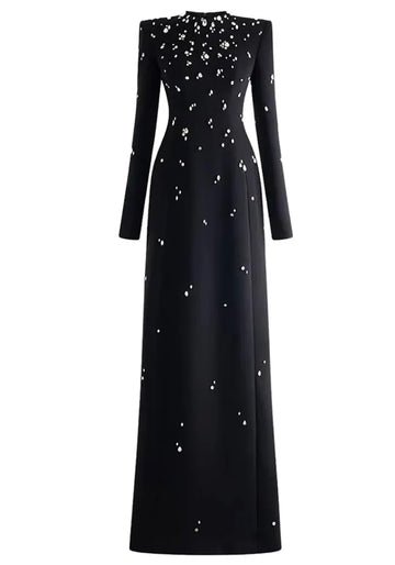 Long Sleeve Crystal A Line Maxi Dress Black