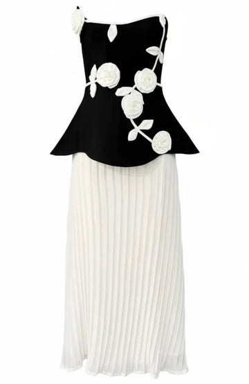 Strapless Floral Peplum Pleated Midi Dress Black White