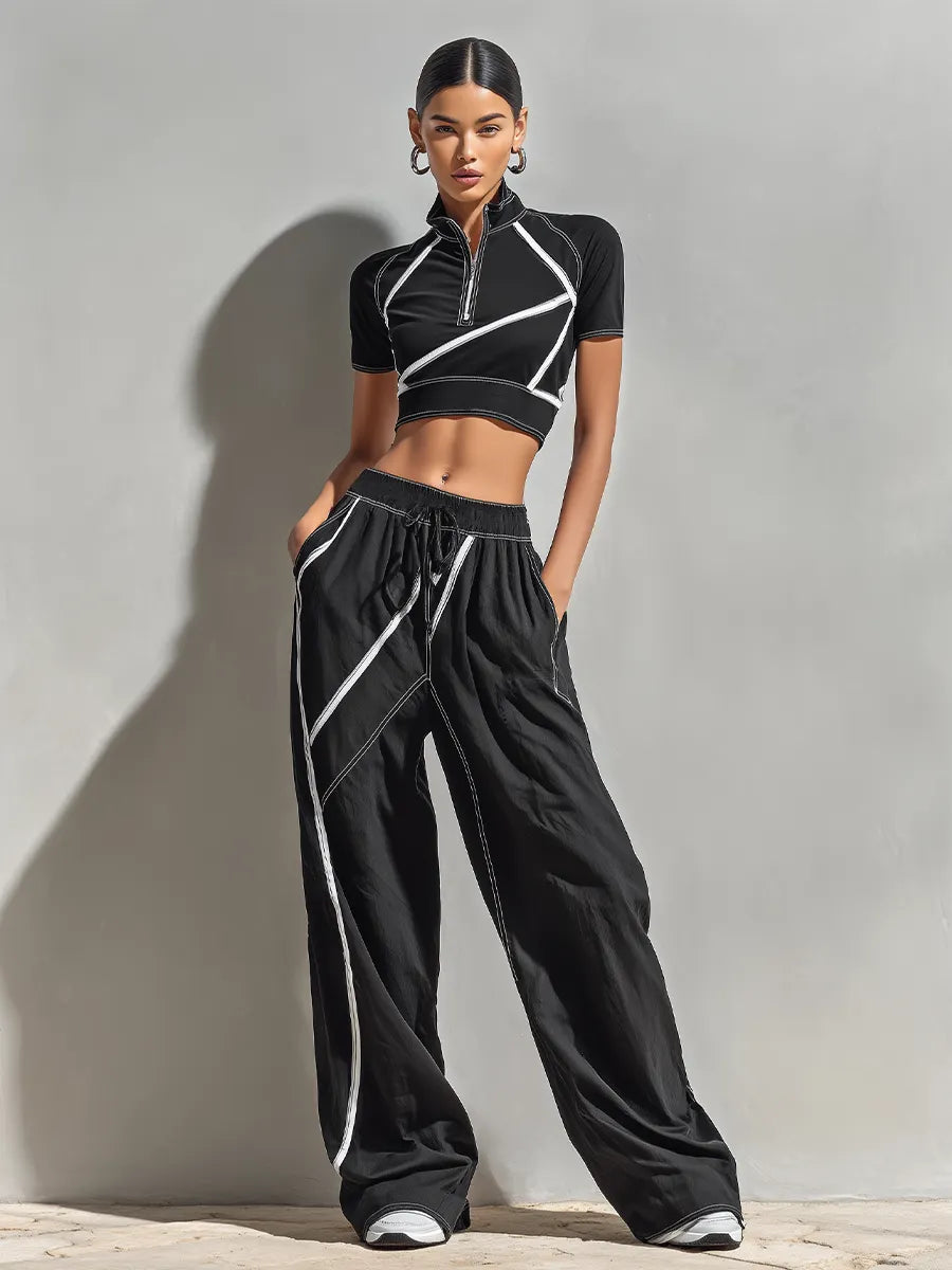 Women's Black & White Stitch Two-Piece Set With Zip Crop Top & Wide-Leg Pants, Timeless Sporty-Chic Athleisure Outfit MDZ2443D6LYL