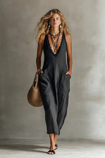 Women's Black Deep V-Neck Pocketed Dress