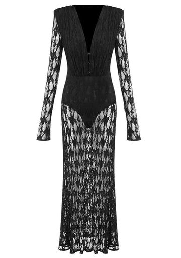 Long Sleeve Ruched Crochet Maxi Dress Black