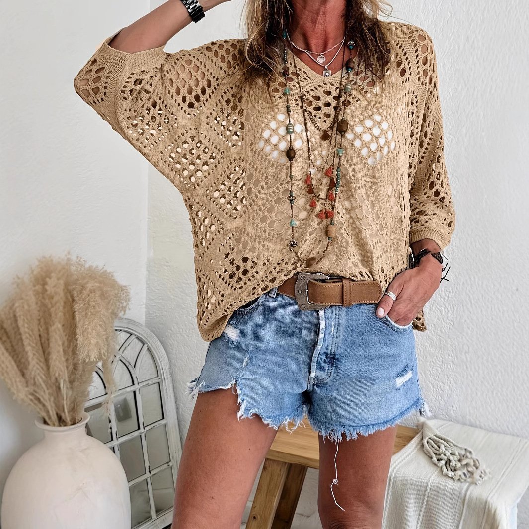 Bohemian V-neck Diamond-patterned Openwork Batwing Sleeve Knit Top