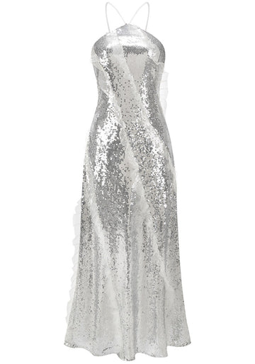 Halter Ruffle Detail Sequin Maxi Dress Silver