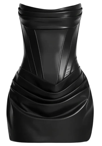 Strapless Draped Corset Faux Leather Dress Black