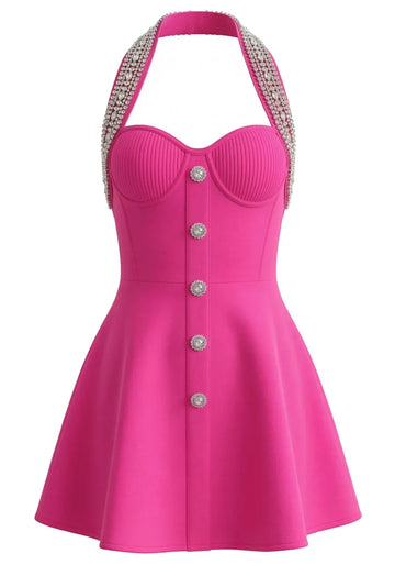 Halter Crystal A Line Dress Hot Pink