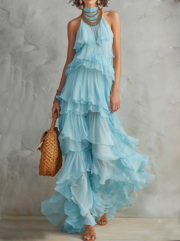 Resort Style Light Blue Halter Neck Tiered Cake Dress