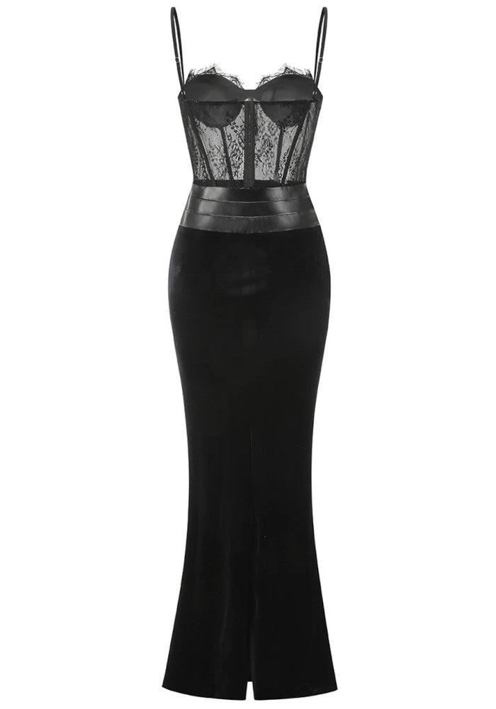 Lace Corset Maxi Velvet Dress Black