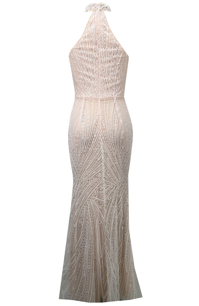 Halter Pearl Sequin Maxi Dress White Nude