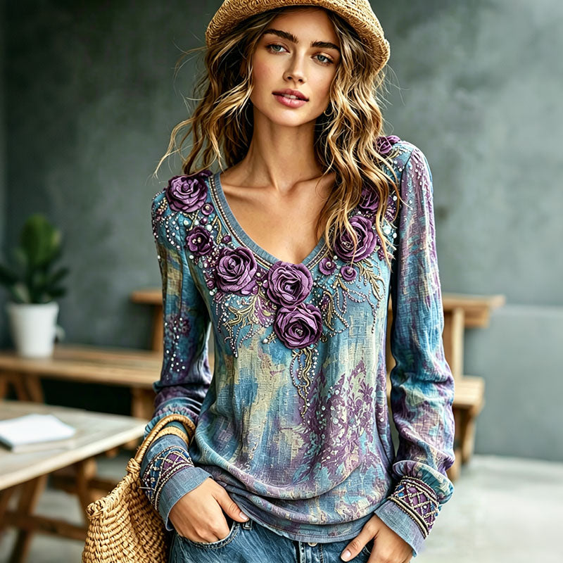 Women's Romantic Floral Art Linen Blend Long Sleeve Tops