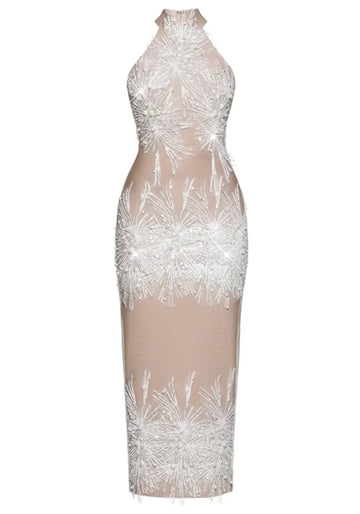 Pearl Sequin Embellished Midi Dress Nude White