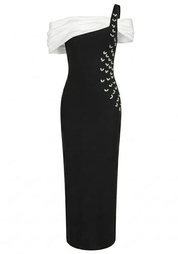 One Shoulder Bardot Crystal Maxi Dress Black White