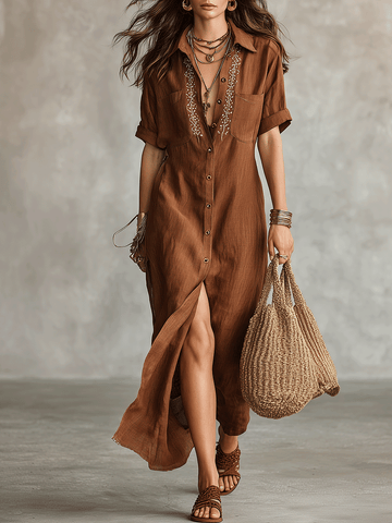 Casual Button Delicate Embroidery Bohemian Flair Maxi Dress