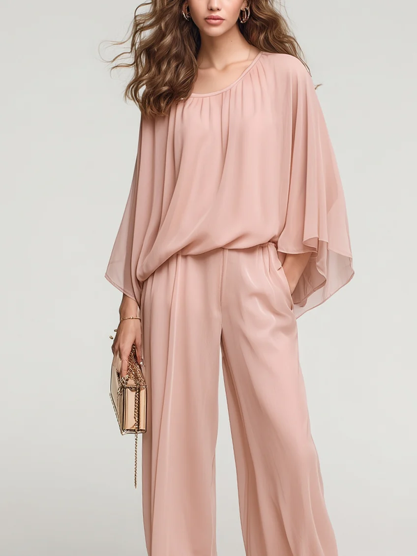 Nude Pink Chiffon Batwing Sleeve Top And Wide-leg Pants Set