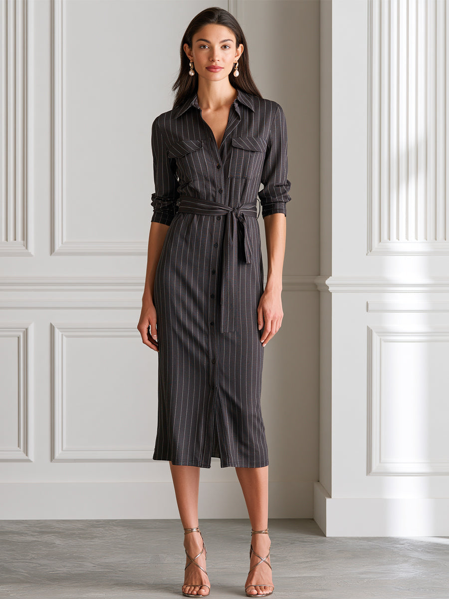 Dark Gray Vertical Pinstripe Collared Shirt Midi Dress