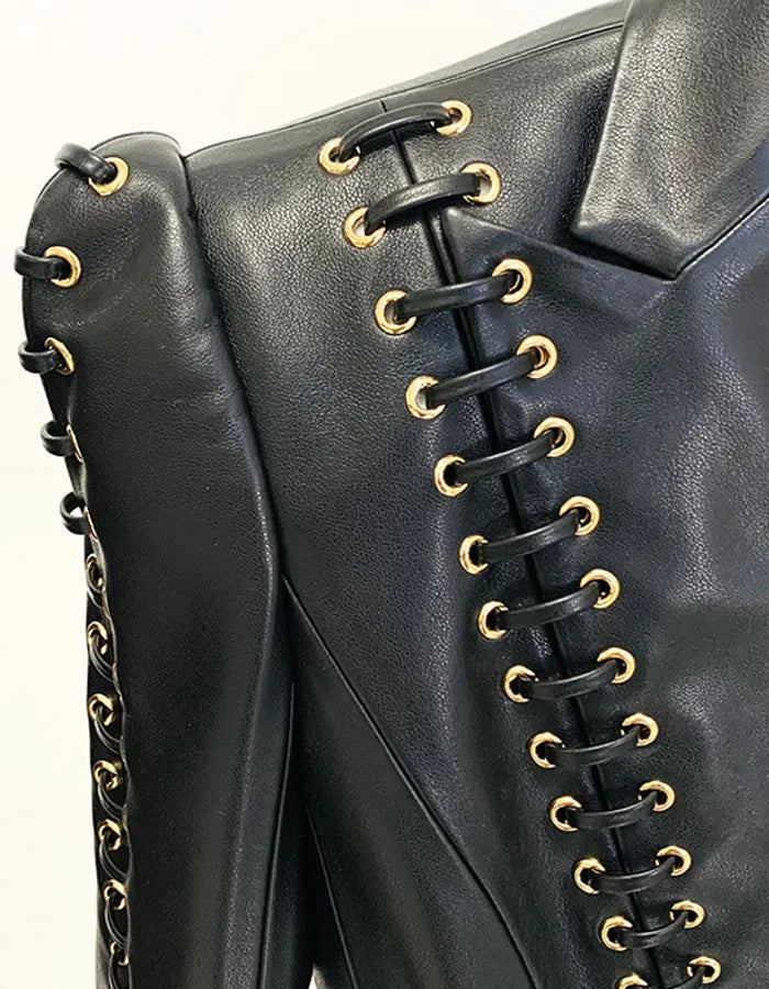 Long Sleeve Lace Up Faux Leather Jacket Black
